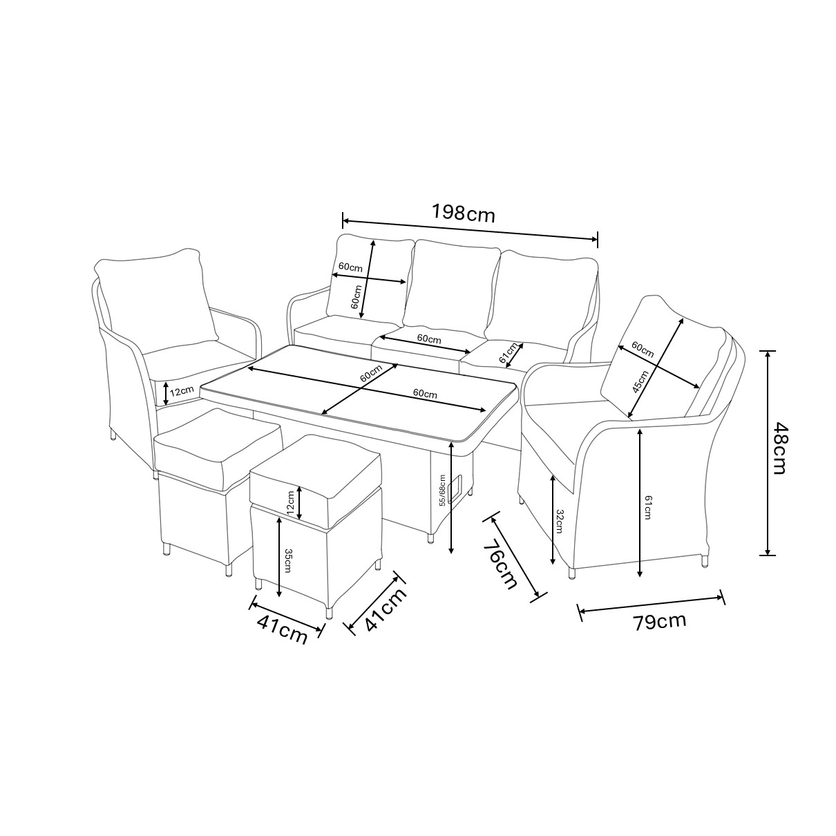 Eton 3 Seat Lounge Set dimensions